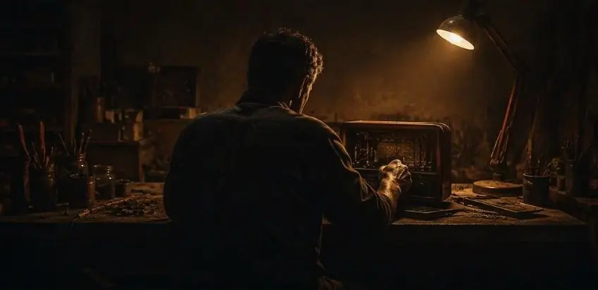 A man at a workbench, rebuilding
