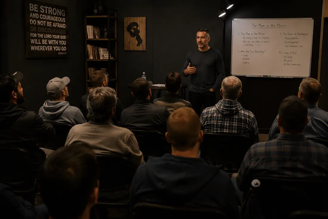 A men’s workshop session in a room with a whiteboard